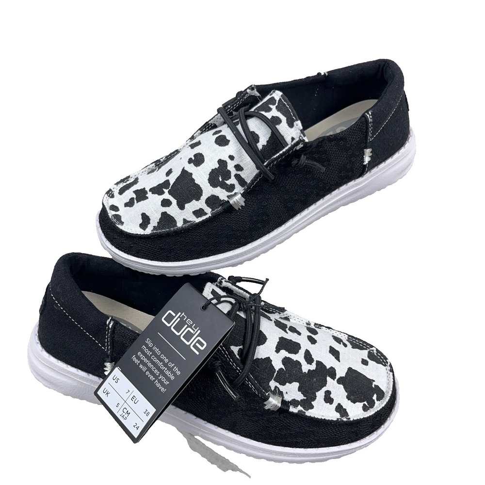 Hey Dude Black and White Cow Print Wedges